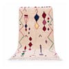 handmade-moroccan-berber-rug-colorful-diamonds Full front view of a handmade Moroccan Berber rug with colorful diamond motifs on an ivory wool base.