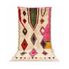 premium-berber-rug-with-colorful-symbols Full front view of handmade Moroccan Berber wool rug with bold multicolor diamond motifs on an ivory base.