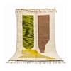 vintage-azilal-tribal-rug Full view of Moroccan Beni Ourain rug with white base and green, brown, and yellow geometric patterns.