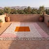 beni-ourain-pink-rug-orange-block-design-luxury-rug Handmade Moroccan Beni Ourain Rug – Pink Stripes, Orange Square Center, Boho Wool Carpet