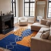 handmade-moroccan-blue-rug-bohemian-wool-carpet-bedroom-decor Handmade Beni Ourain Wool Rug – Moroccan Berber Boho Carpet, Blue Orange Geometric Design