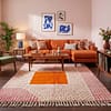 handwoven-berber-rug-pink-and-orange-boho-home-decor Handmade Moroccan Beni Ourain Rug – Pink Stripes, Orange Square Center, Boho Wool Carpet