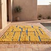 moroccan-floor-rug-striped-blue-gold-bohemian Handmade Beni Ourain Red Rug – Authentic Moroccan Red Rug, Geometric Design, Boho Home Decor