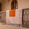 moroccan-wool-rug-pink-striped-berber-area-carpet Handmade Moroccan Beni Ourain Rug – Pink Stripes, Orange Square Center, Boho Wool Carpet