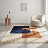moroccan_rug_with_pottery_blue_cream_brown Handmade Cream Moroccan Rug: Berber Wool Rug, brown & blue Rugs, Boho Living Room Decor