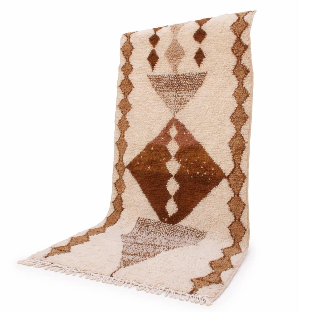handmade-moroccan-beni-ourain-style-berber-rug Full front view of handmade Moroccan Berber wool rug with brown diamond patterns on ivory background.