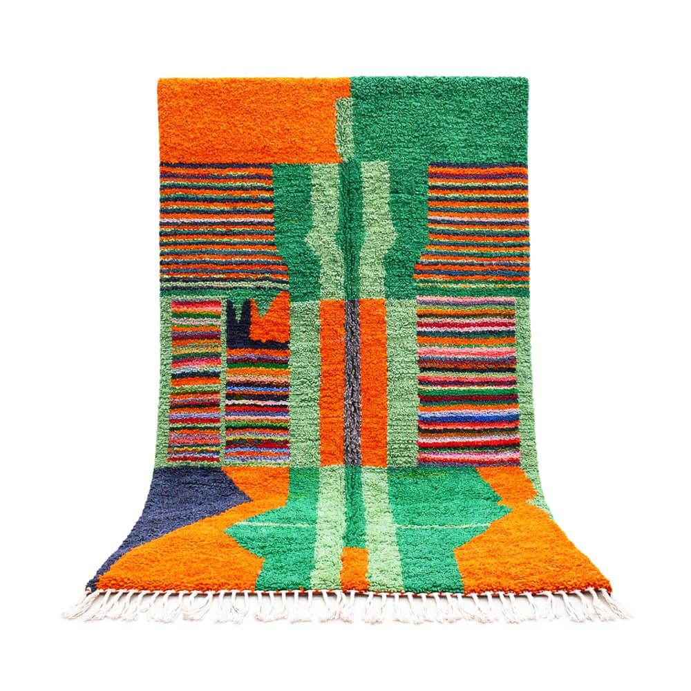 handmade-moroccan-berber-wool-rug-geometric Full front view of handmade Moroccan Berber wool rug with ivory base and colorful diamond geometric patterns.