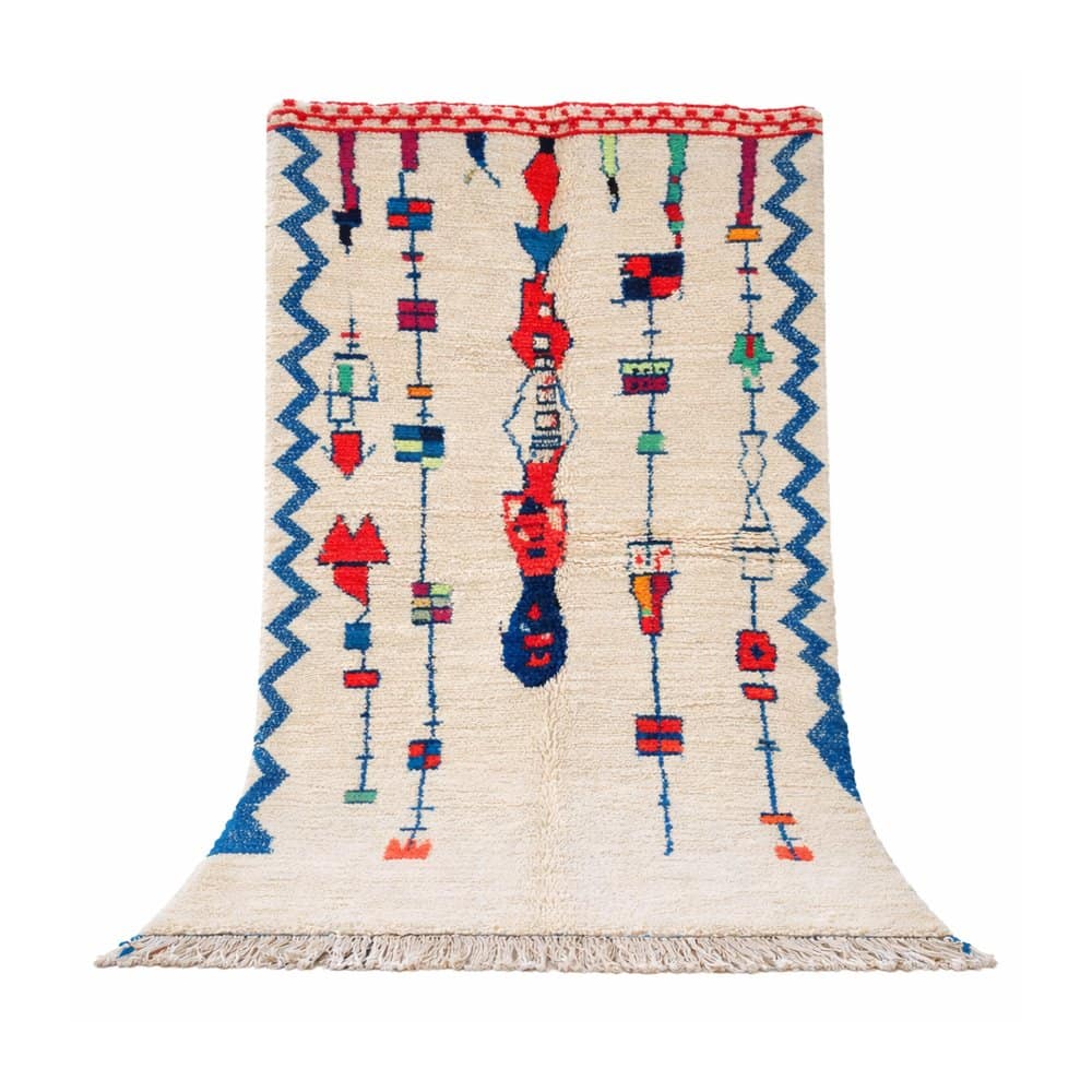 luxury-cream-blue-geometric-area-rug Cream Moroccan wool rug with blue geometric patterns
