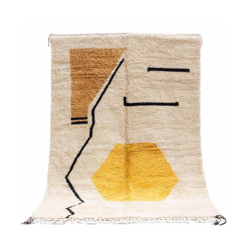contemporary-moroccan-berber-rug Full view of handmade Moroccan Berber rug with cream base and yellow geometric design.