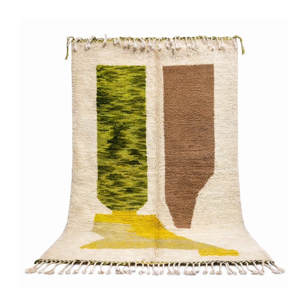 vintage-azilal-tribal-rug Full view of Moroccan Beni Ourain rug with white base and green, brown, and yellow geometric patterns.