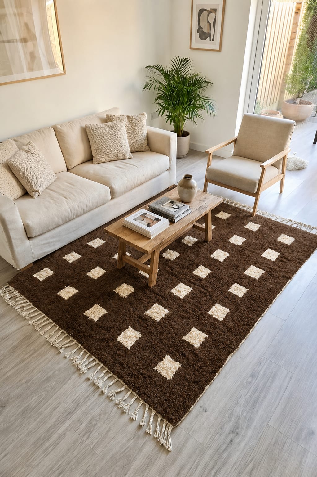 boho-moroccan-rug-brown-and-cream-wool-rug Custom Moroccan Rug, Beni Ourain Brown & White Geometric, Square Shag Rug, Handmade Area Rug