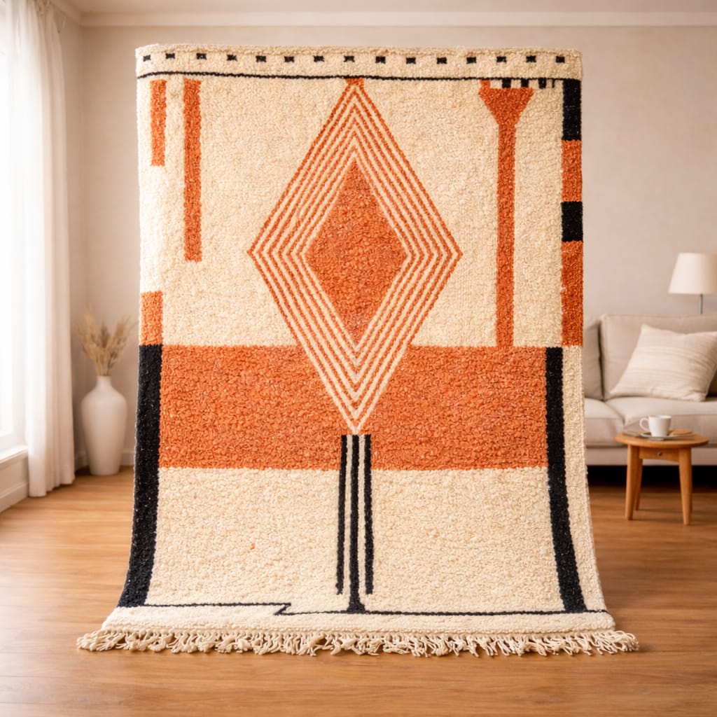 Moroccan rug in a warm living room Moroccan Berber rug with soft blush terracotta diamond and textured ivory background