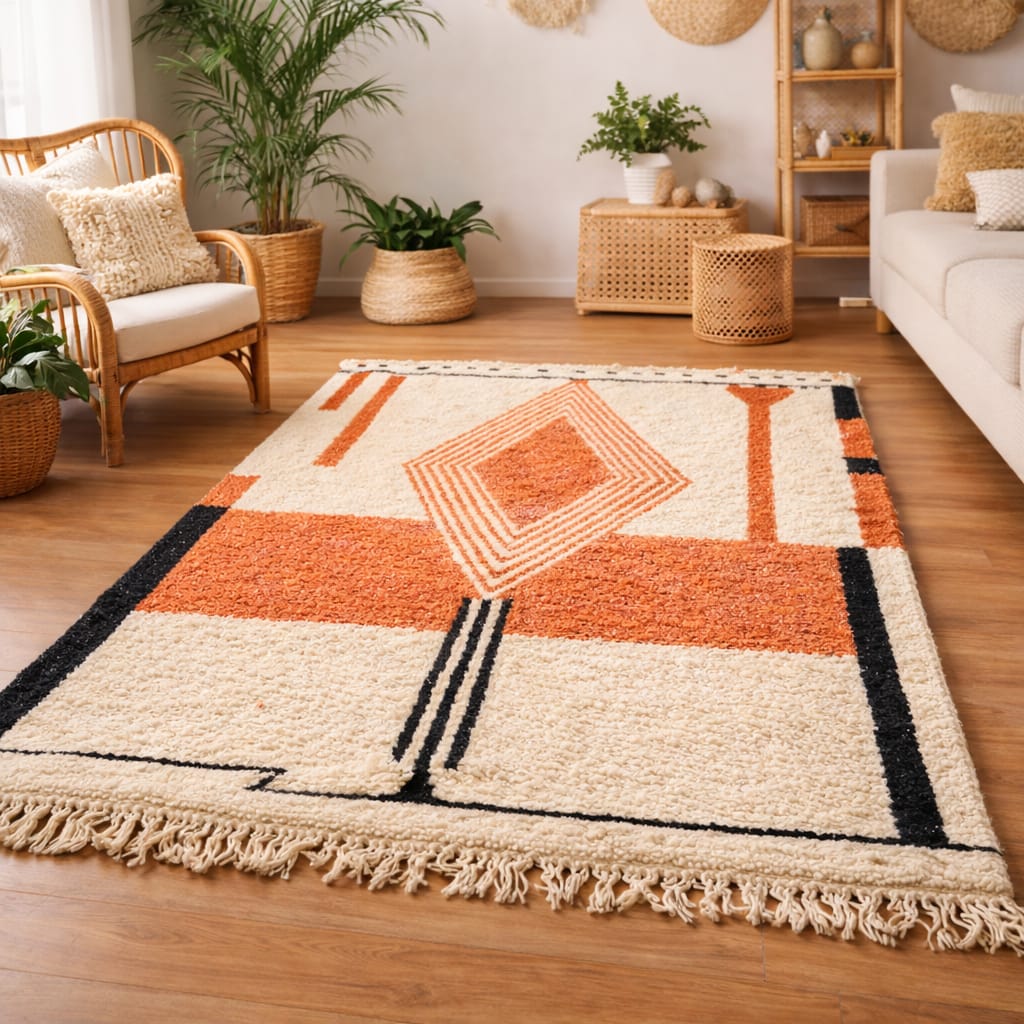 custom-moroccan-rug-pink Berber wool rug featuring a dusty pink geometric diamond design and soft ivory base in living room