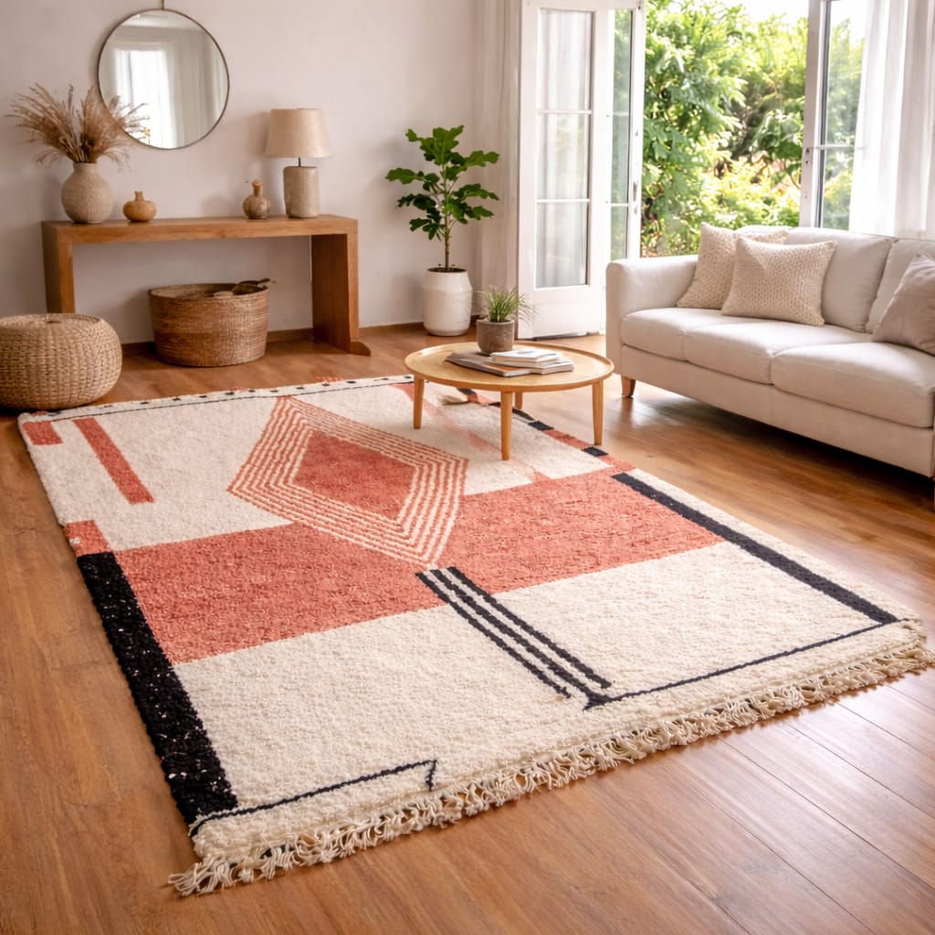 handmade-berber-area-rug Boho shag rug in warm burnt pink and cream with minimalist geometric details in living room