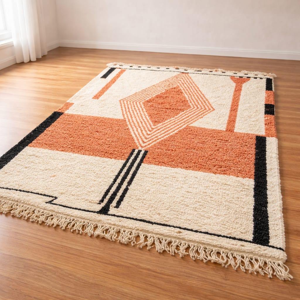 morrocan-wool-rug Modern boho area rug in dusty pink and cream with abstract tribal pattern. in bedroom