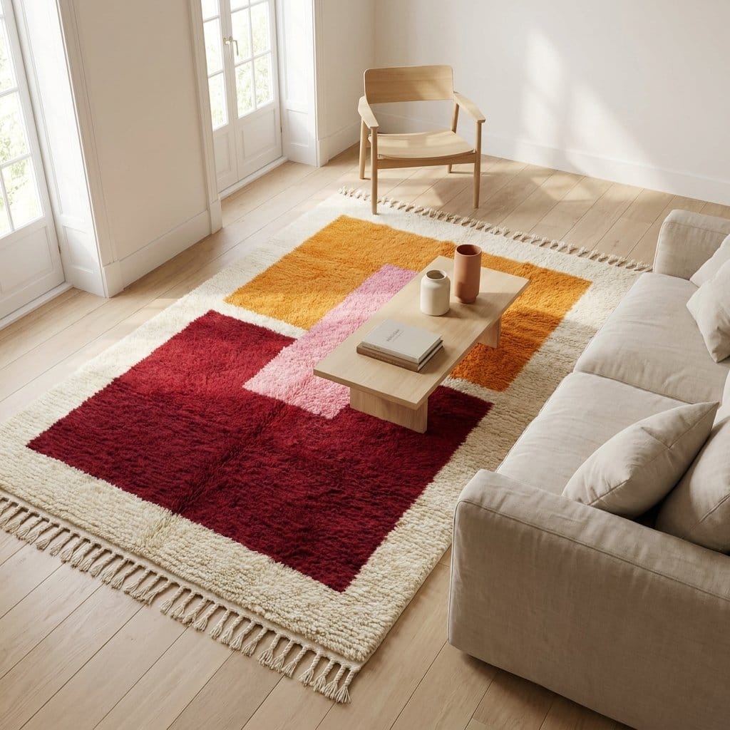 moroccan-rug-scandinavian-living-room Handmade Beni Ourain Wool Rug, Colorful Moroccan Geometric Area Rug
