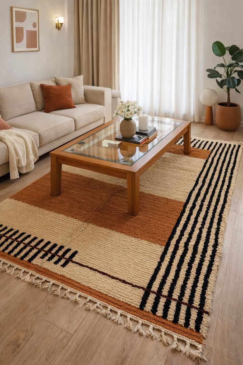 Cosy-living-room-with-Moroccan rug Handmade Moroccan Wool Rug, Brown Cream Berber Area Rug, Boho Neutral Style