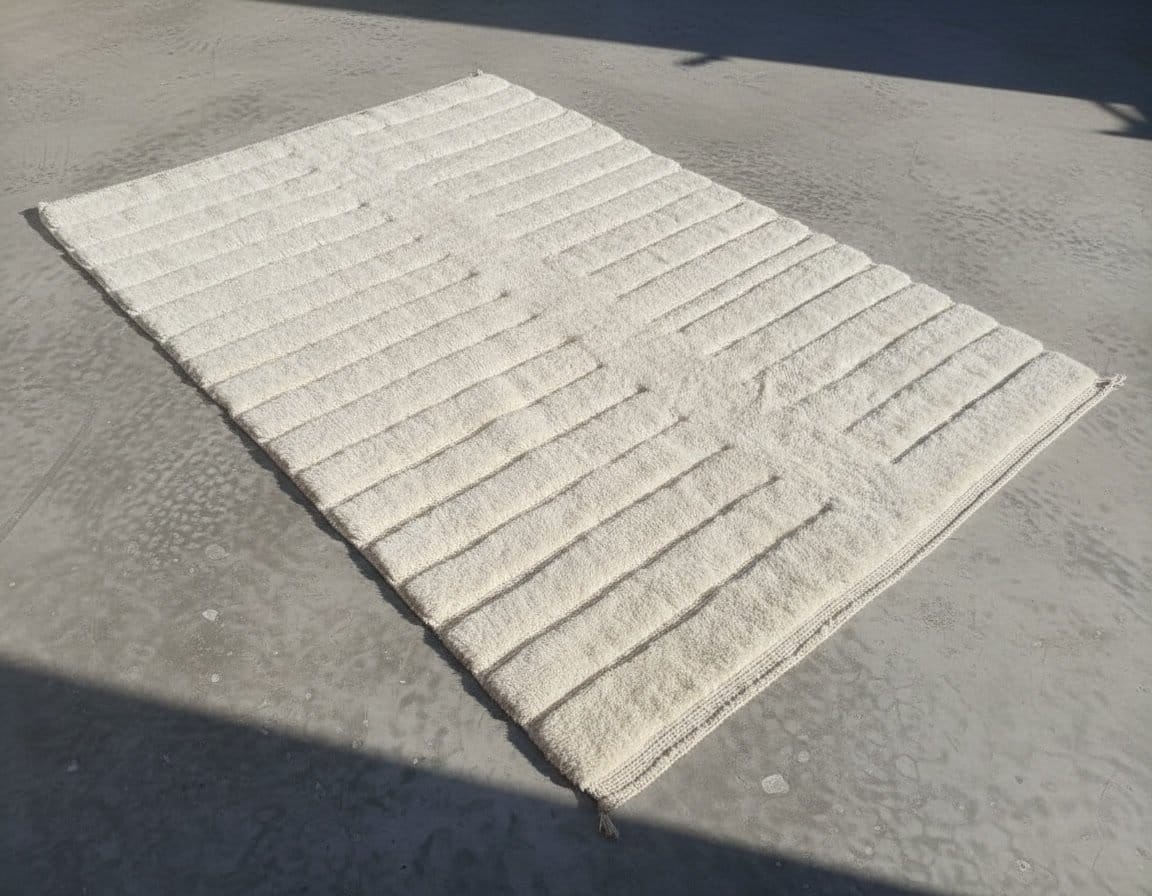 white-moroccan-rug-handmade-wool-beni-ourain-rug Custom Size Moroccan Beni M'rirt Rug, Ivory White carpet, High Pile Neutral Berber Carpet Living Room