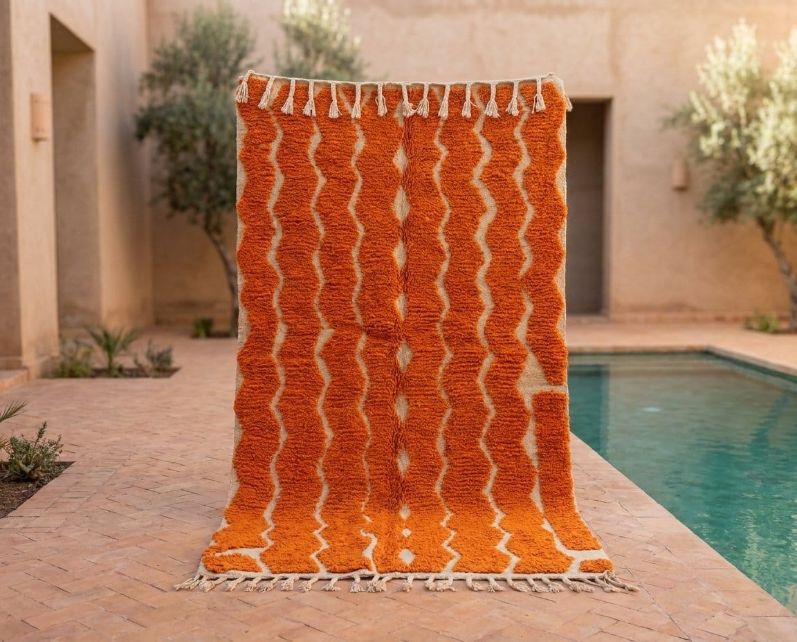 contemporary-moroccan-rug-abstract-tribal-pattern Orange Beni Ourain Rug | Handmade Moroccan Wool Berber Carpet
