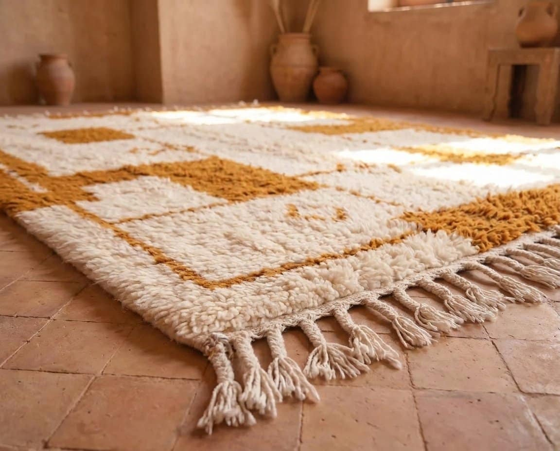 cream-beni-ourain-rug-boho-moroccan-art-area-rug Beni Ourain Rug, Plush creamy wool base with brown geometric motifs, Berber Rug, Home Decor Rug.