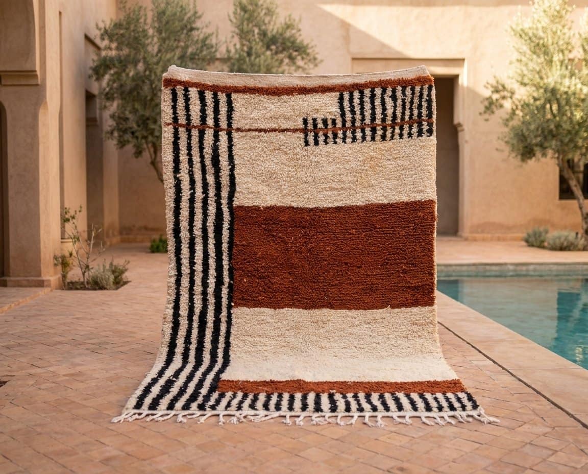 modern-moroccan-rug-cream-rust-black-tribal-pattern-rug Authentic Moroccan Berber Rug, Handwoven Wool Area Rug, Neutral Boho Living Room Carpet, Geometric Decor