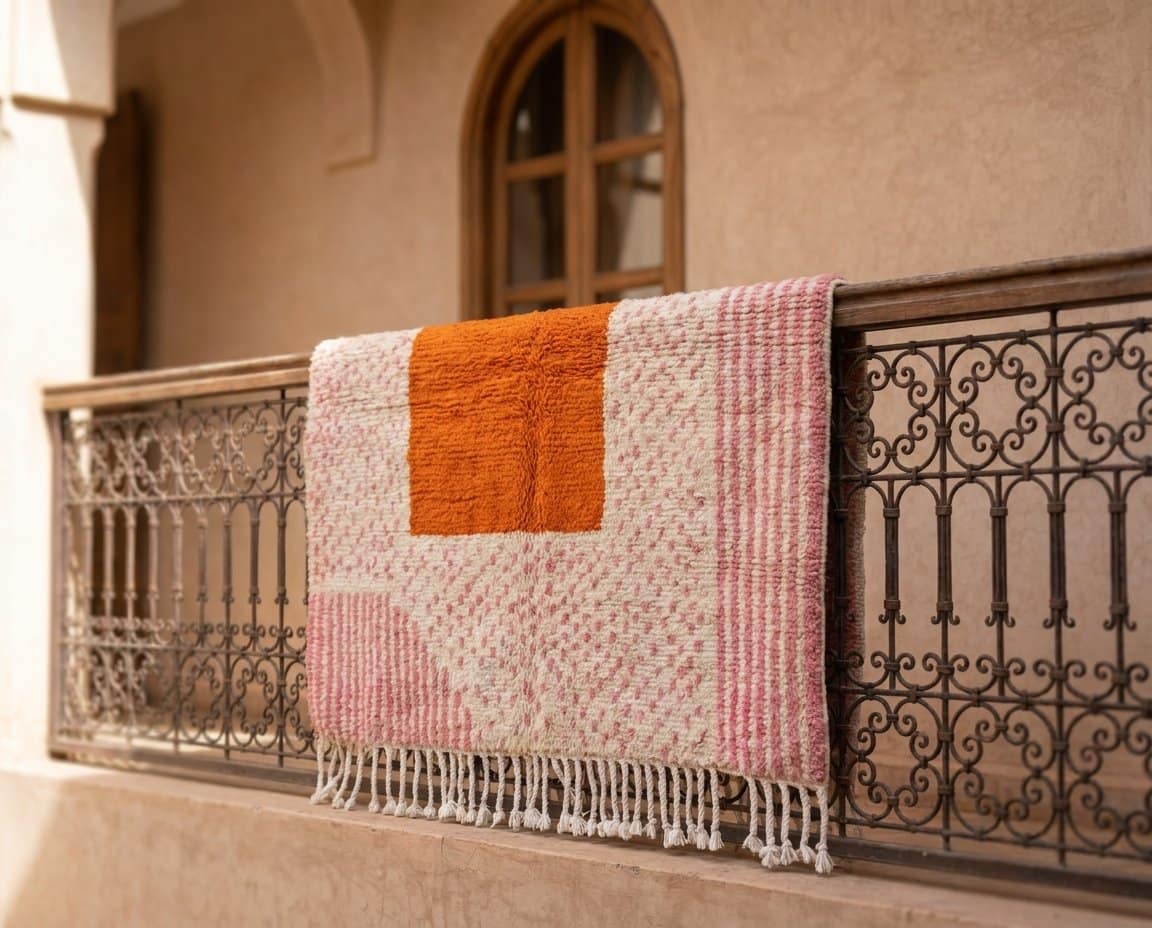 moroccan-wool-rug-pink-striped-berber-area-carpet Handmade Moroccan Beni Ourain Rug – Pink Stripes, Orange Square Center, Boho Wool Carpet