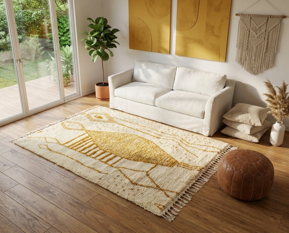 neutral-boho-rug-moroccan-geometric-wool-carpet Mustard Geometric Moroccan Wool Carpet | Handmade Berber Area Rug | Boho Modern Living Room Decor