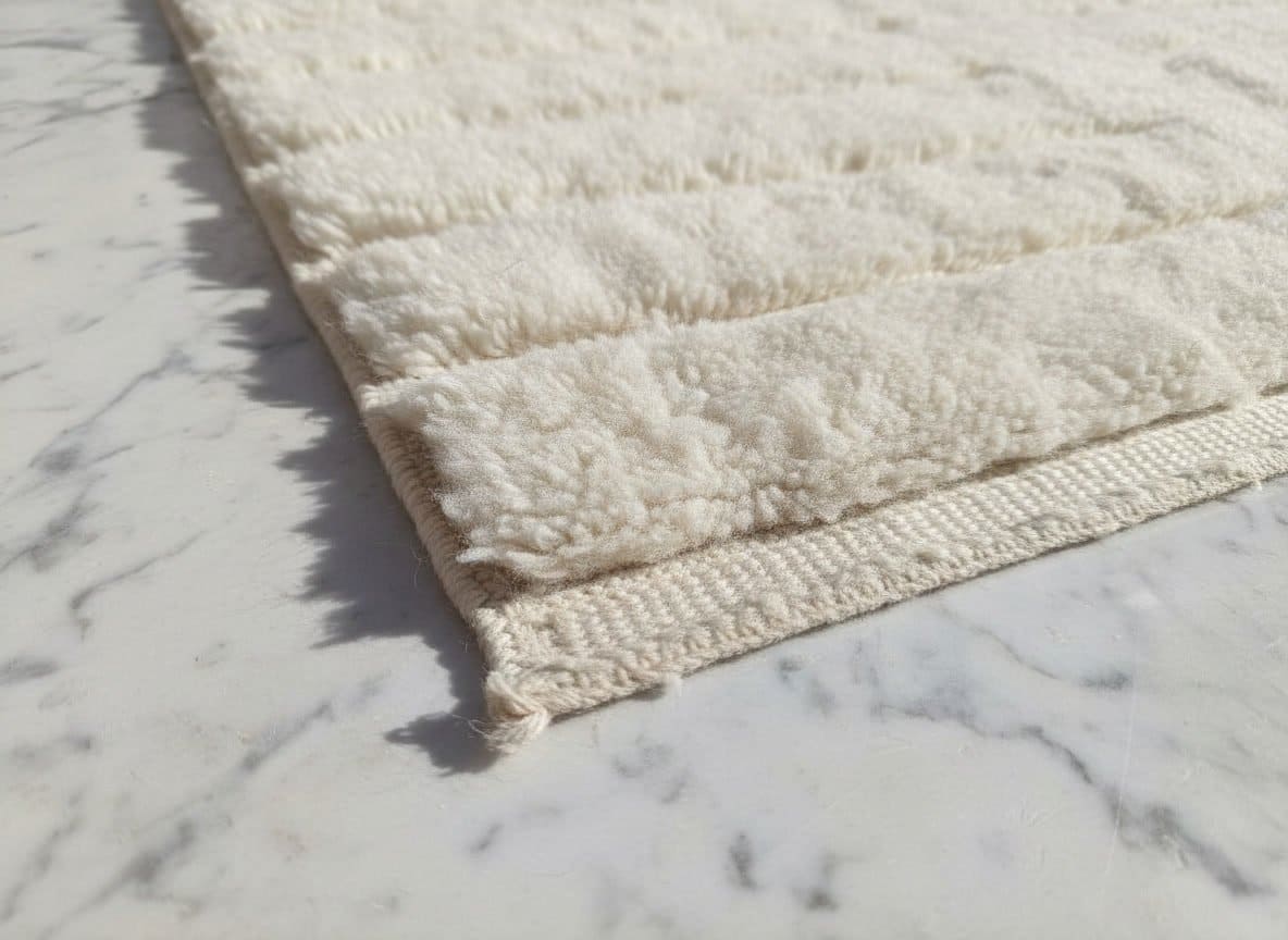 gemini-2.5-flash-image_A_close-up_photograph_of_a_handmade_Moroccan_wool_rug_laid_on_a_white_marble_flo-0 Custom Size Moroccan Beni M'rirt Rug, Ivory White carpet, High Pile Neutral Berber Carpet Living Room