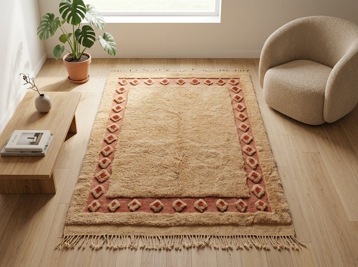 cozy-moroccan-rug-warm-neutral-bedroom-decor Handmade Moroccan Berber Rug | Plush Beige Wool Area Rug with Tribal Red Border | Boho Luxury Home Decor Carpet for Living Room & Bedroom