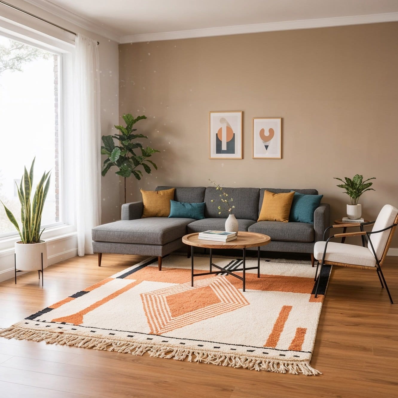 living-room-rug Handwoven wool rug with muted pink shapes and bold black linear accents in living room
