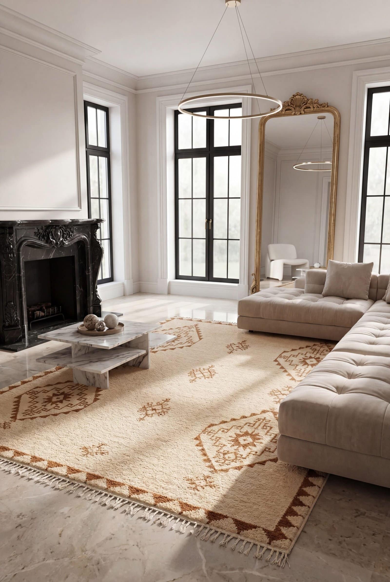 handmade-boho-moroccan-rug-earthy-neutral-design Handmade Moroccan Wool Rug, Plush creamy wool base with brown geometric motifs