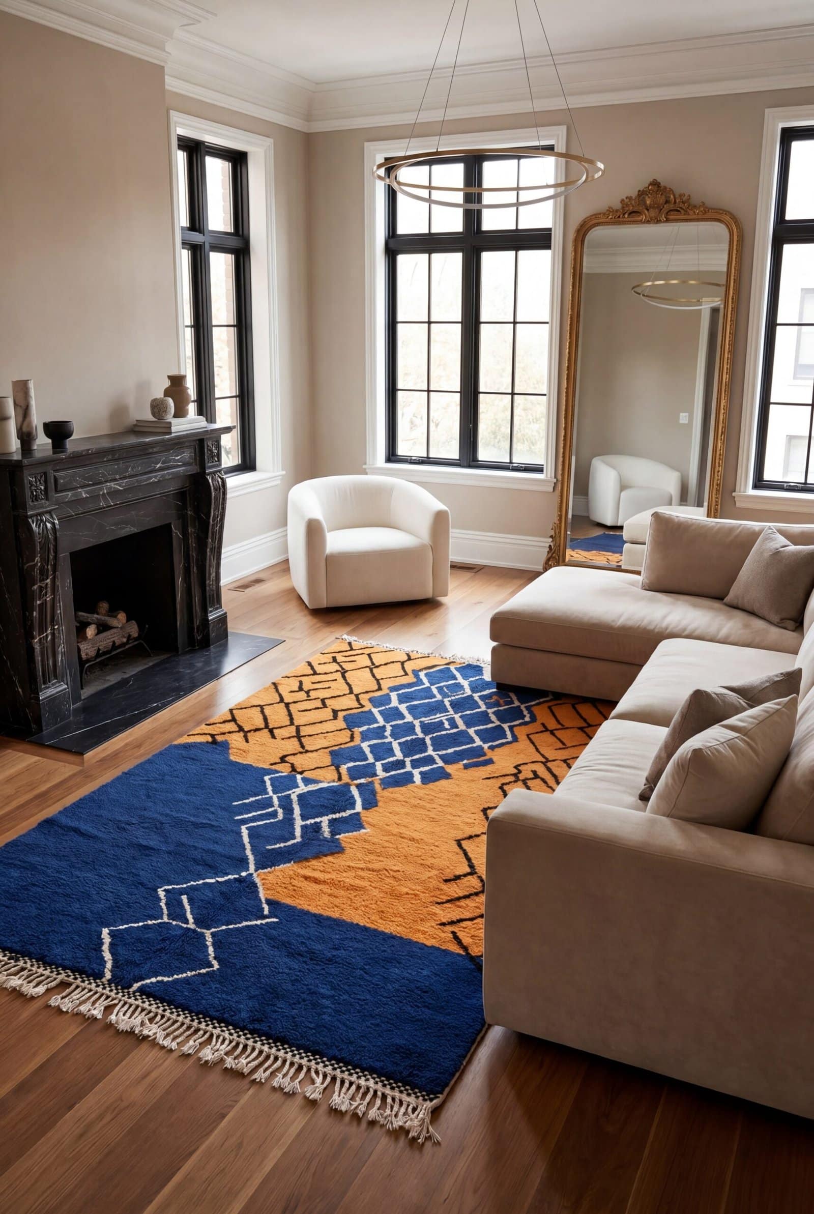 handmade-moroccan-blue-rug-bohemian-wool-carpet-bedroom-decor Handmade Beni Ourain Wool Rug – Moroccan Berber Boho Carpet, Blue Orange Geometric Design