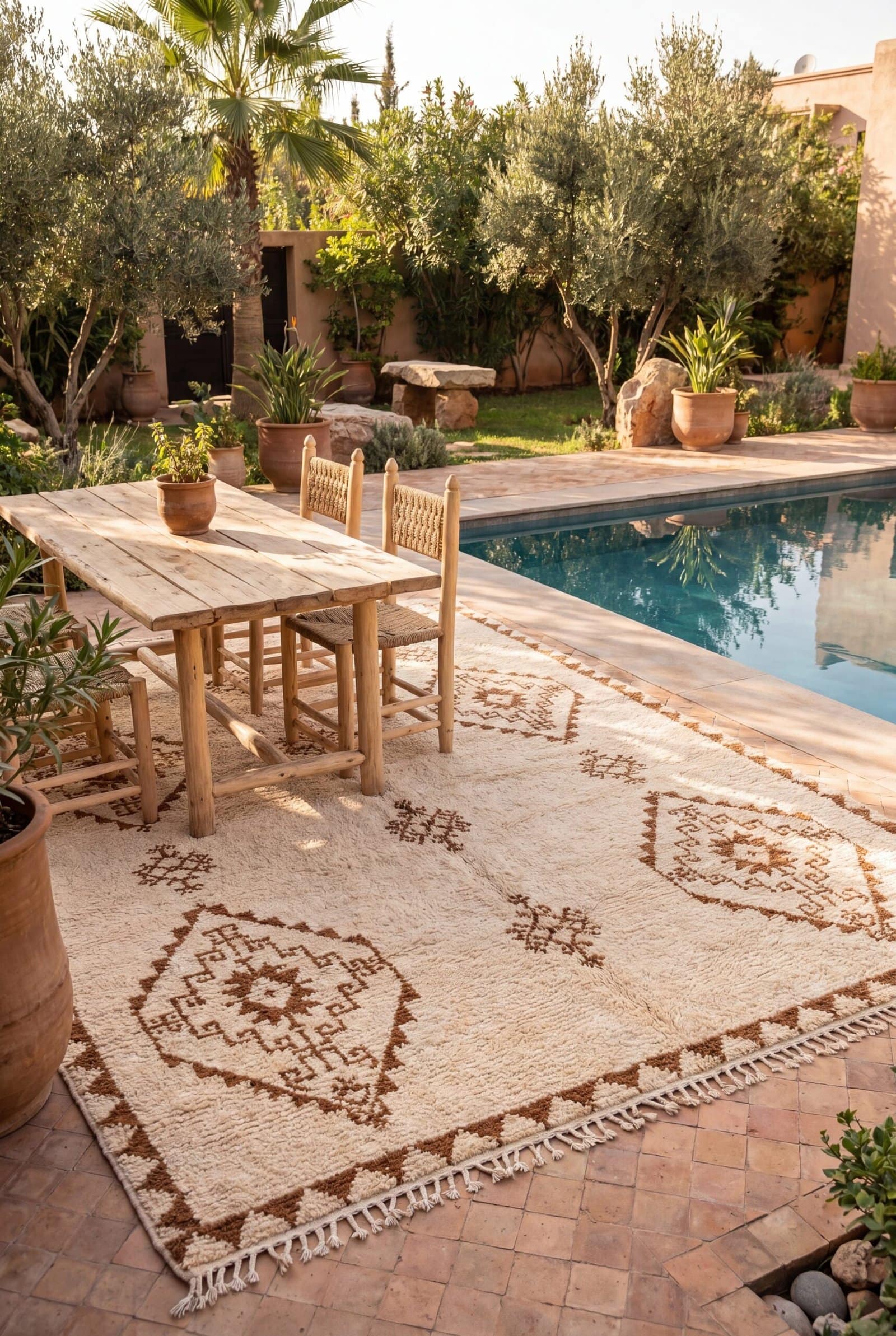 moroccan-rug-cream-berber-handmade-boho-area-rug Handmade Moroccan Wool Rug, Plush creamy wool base with brown geometric motifs