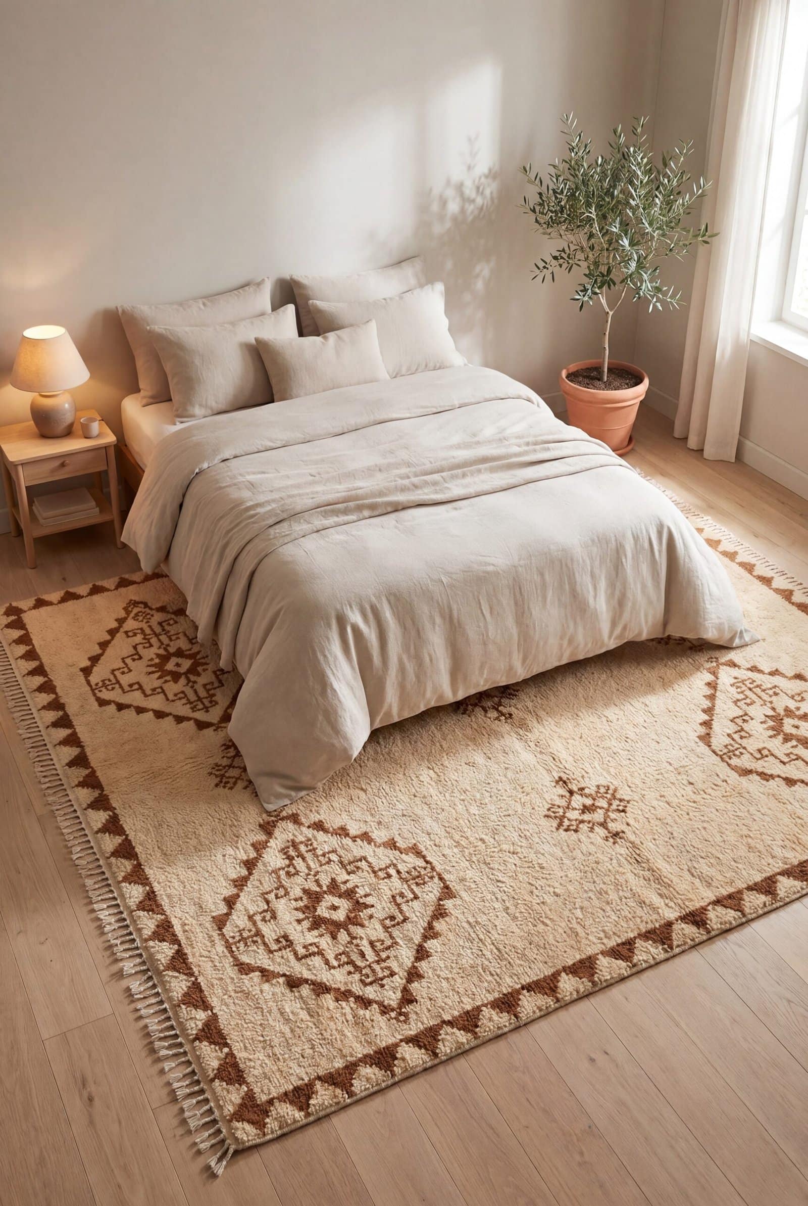 moroccan-tribal-rug-soft-cream-wool-carpet Handmade Moroccan Wool Rug, Plush creamy wool base with brown geometric motifs