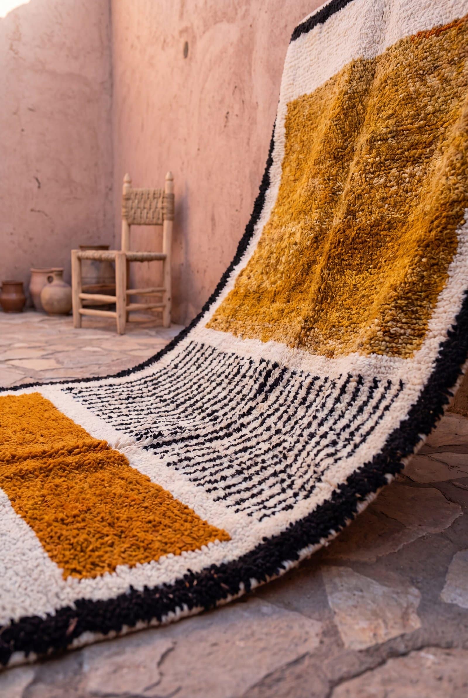 moroccan-wool-rug-large-boho-living-room-carpet-handmade Mustard Yellow Beni Ourain Rug | Black Geometric Striped Moroccan Wool Rug | Handwoven Berber Area Rug | Tribal Handmade Carpet | Teppich