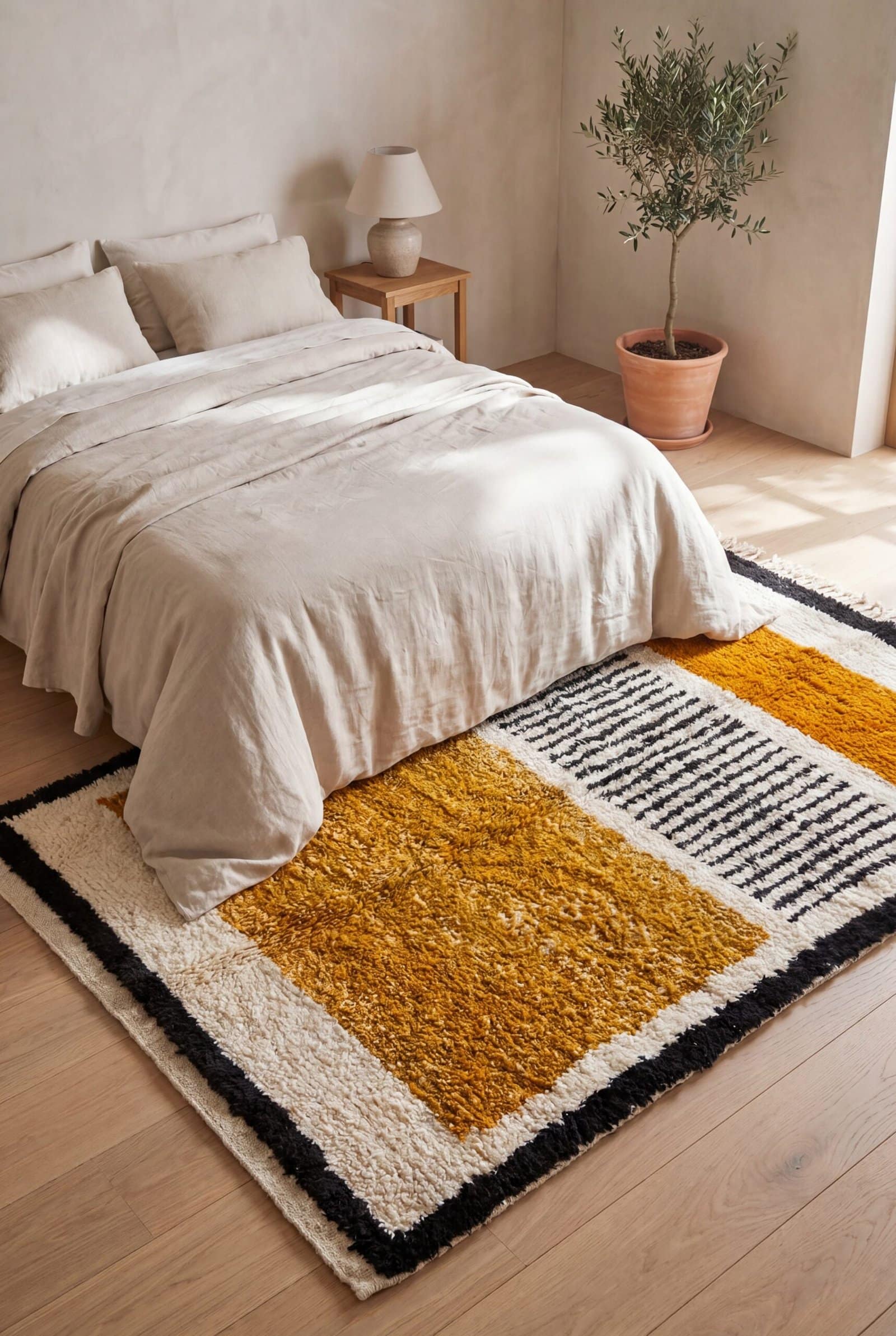 vintage-azilal-rug-black-white-yellow-tribal-wool-rug Mustard Yellow Beni Ourain Rug | Black Geometric Striped Moroccan Wool Rug | Handwoven Berber Area Rug | Tribal Handmade Carpet | Teppich