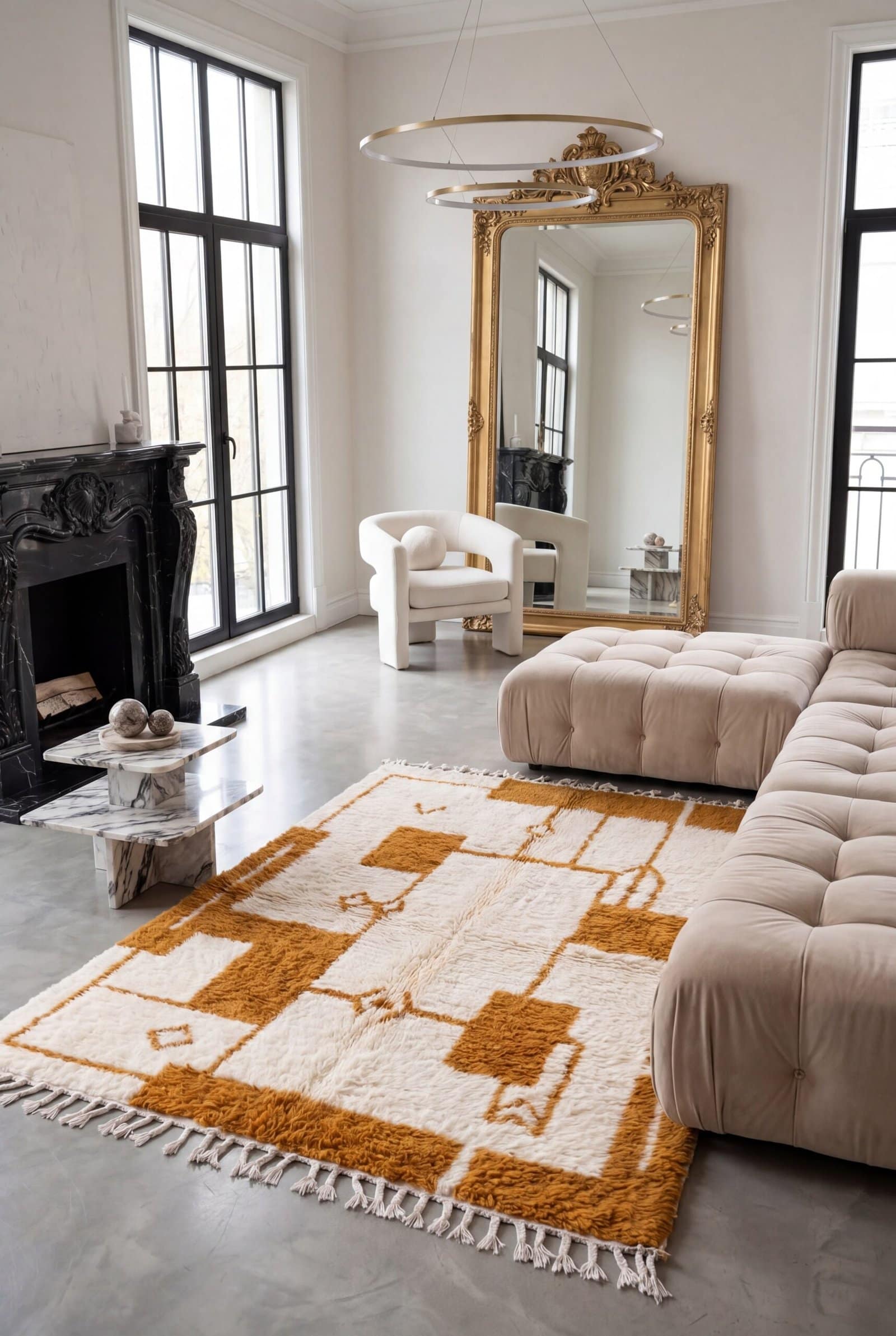 warm-caramel-brown-moroccan-rug-boho-home-decor-rug Beni Ourain Rug, Plush creamy wool base with brown geometric motifs, Berber Rug, Home Decor Rug.