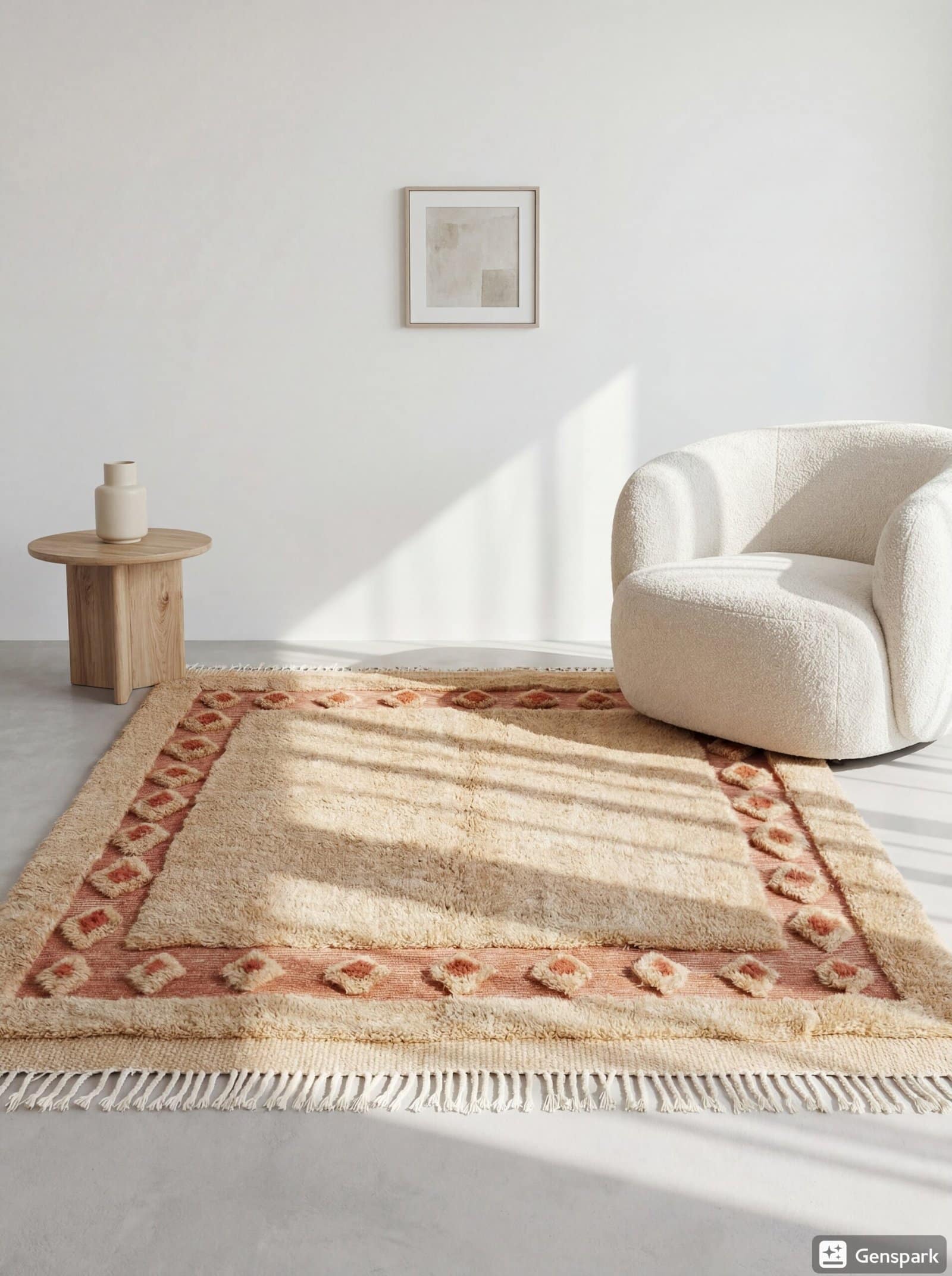 vintage-moroccan-azilal-rug-neutral-earth-tone-carpet Handmade Moroccan Berber Rug | Plush Beige Wool Area Rug with Tribal Red Border | Boho Luxury Home Decor Carpet for Living Room & Bedroom