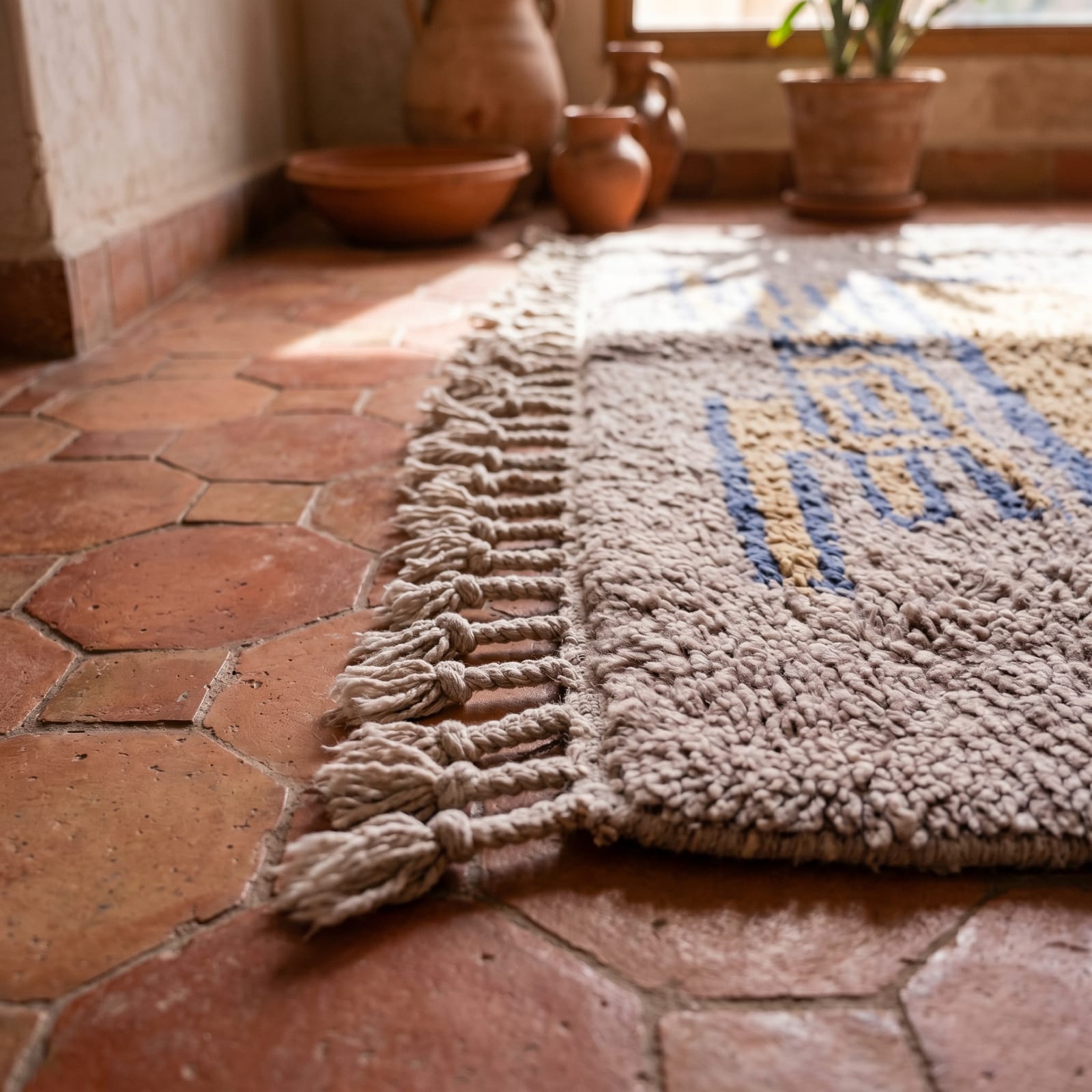 A_low-angle_close-traditional_moroccan_rug_blue_cream_brown_display Handwoven Beni Ourain Rug, Geometric Wool Moroccan Carpet, Light Blue Grey Mustard