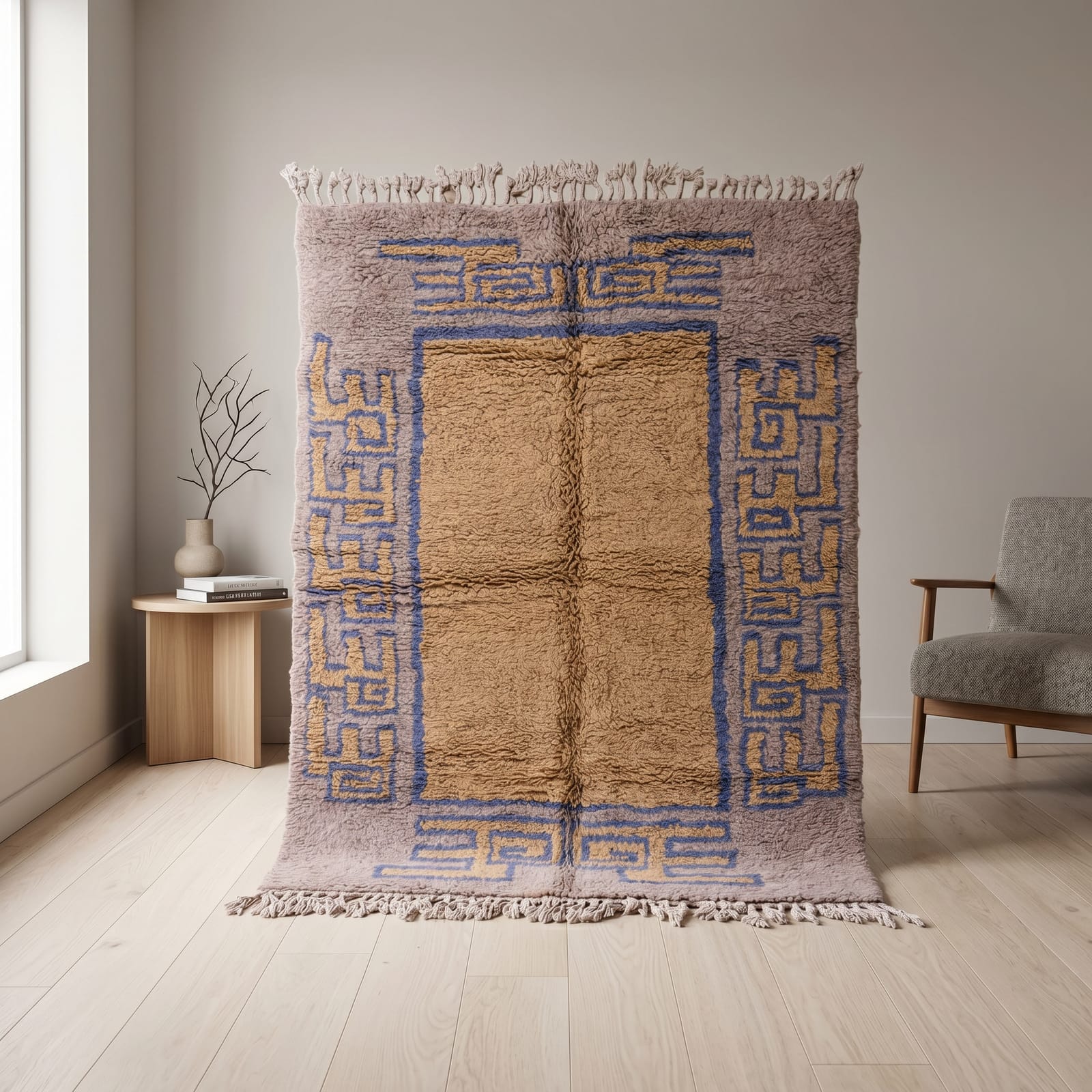 Minimalist-Rug-Blue-Geometric-Design Handwoven Beni Ourain Rug, Geometric Wool Moroccan Carpet, Light Blue Grey Mustard