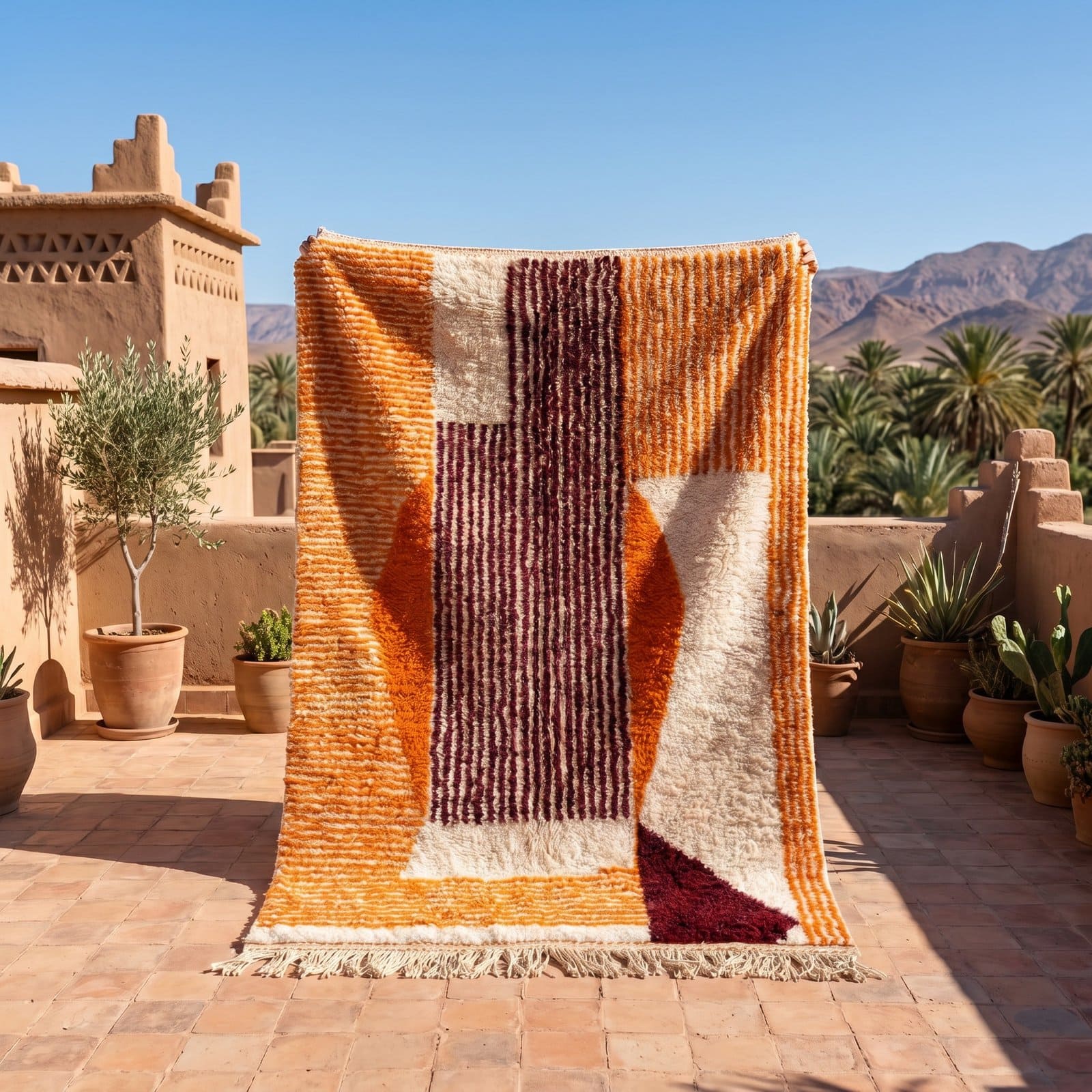 gemini-image-2_Use_the_uploaded_image_of_the_rug_as_the_exact_reference._A_large_hand-woven_Mor-0 (1) Burgundy Moroccan Rug - Modern Abstract Moroccan Rug 9x12 - Handmade Wool Rug - Beni Ourain Rug - Orange Morrocan Rug - Berber Rug