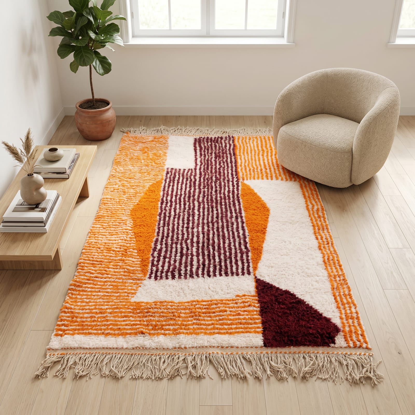 geometric-carpet-in-living-room Burgundy Moroccan Rug - Modern Abstract Moroccan Rug 9x12 - Handmade Wool Rug - Beni Ourain Rug - Orange Morrocan Rug - Berber Rug
