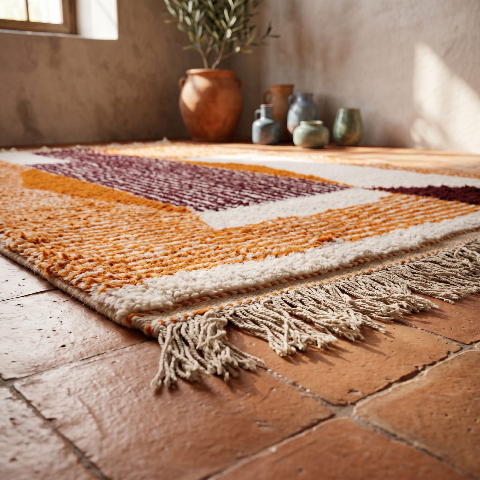 high-pile-rug Burgundy Moroccan Rug - Modern Abstract Moroccan Rug 9x12 - Handmade Wool Rug - Beni Ourain Rug - Orange Morrocan Rug - Berber Rug