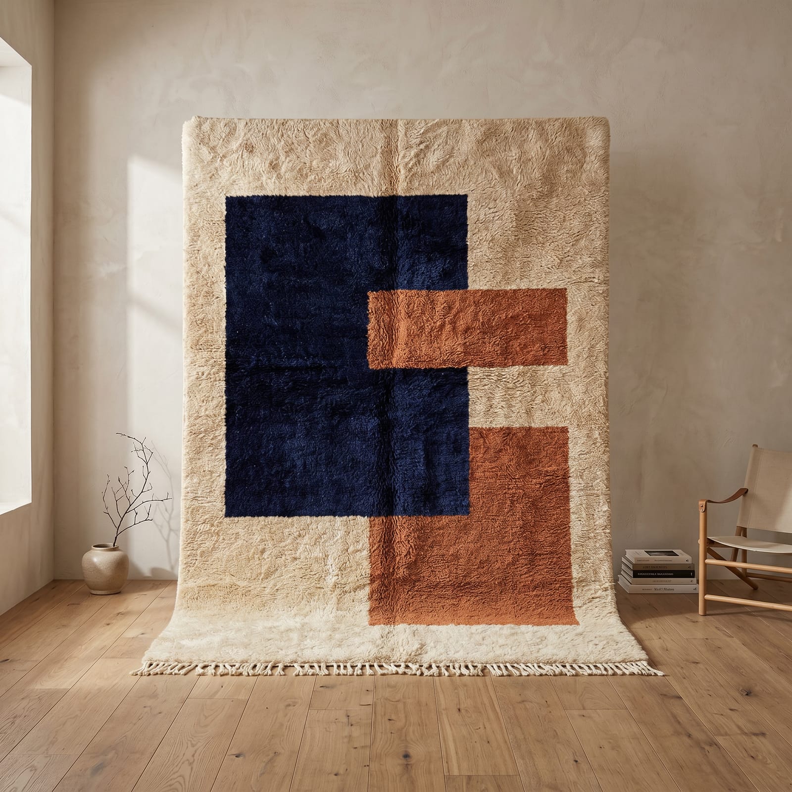 moroccan_handmade_rug_blue_cream_brown Handmade Cream Moroccan Rug: Berber Wool Rug, brown & blue Rugs, Boho Living Room Decor