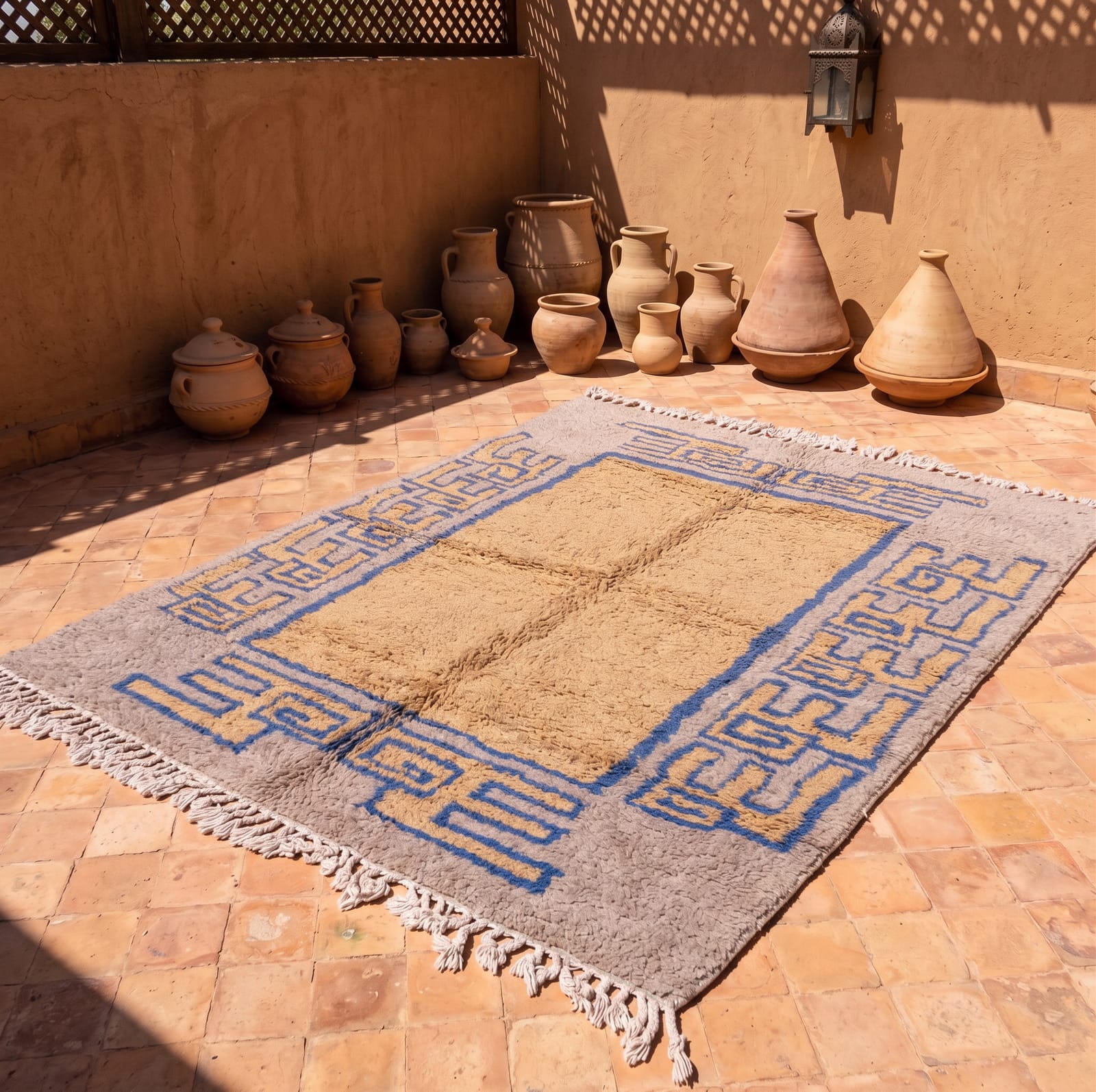 Firefly_Gemini Flash Handwoven Beni Ourain Rug, Geometric Wool Moroccan Carpet, Light Blue Grey Mustard