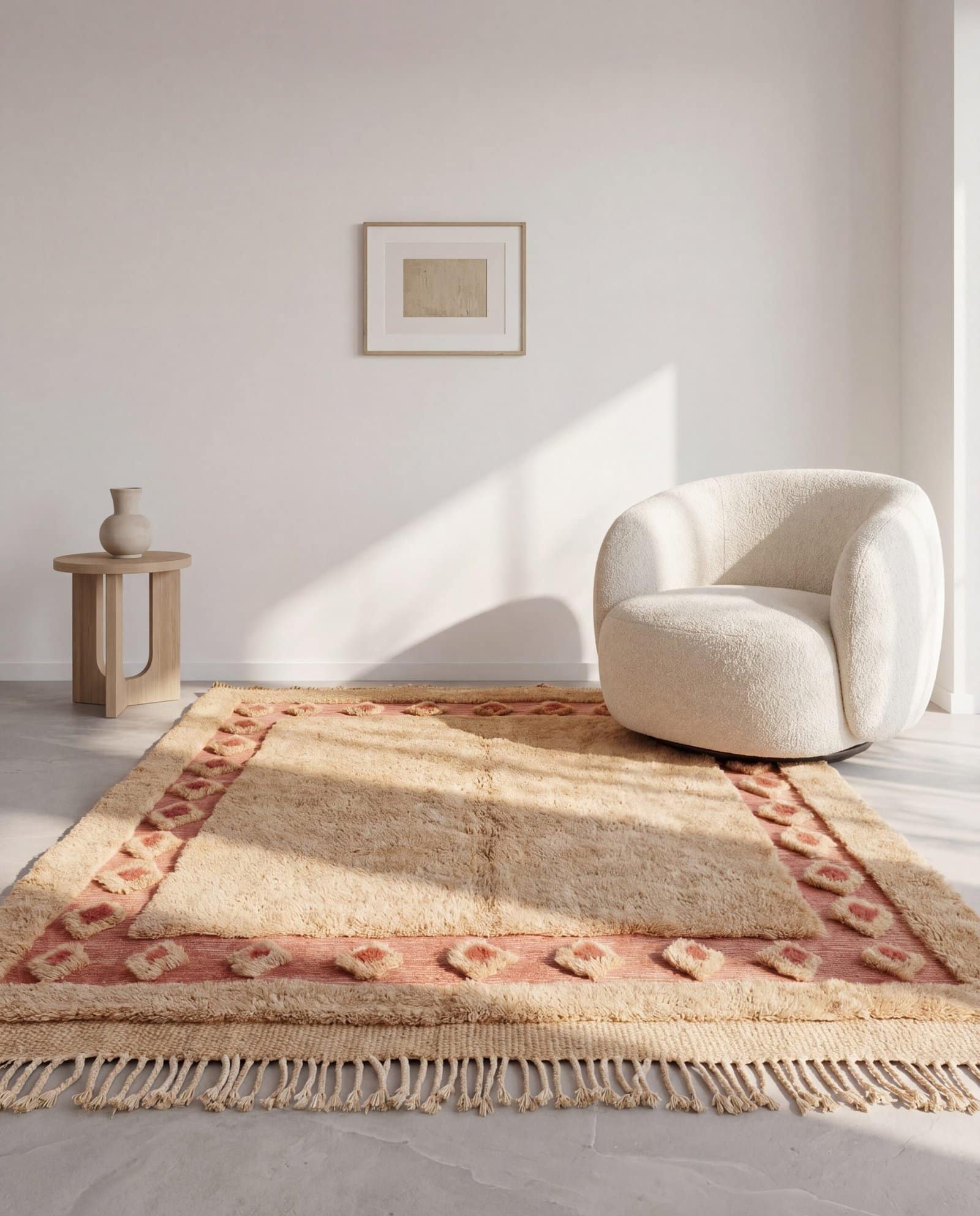authentic-moroccan-rug-soft-wool-tribal-design Handmade Moroccan Berber Rug | Plush Beige Wool Area Rug with Tribal Red Border | Boho Luxury Home Decor Carpet for Living Room & Bedroom