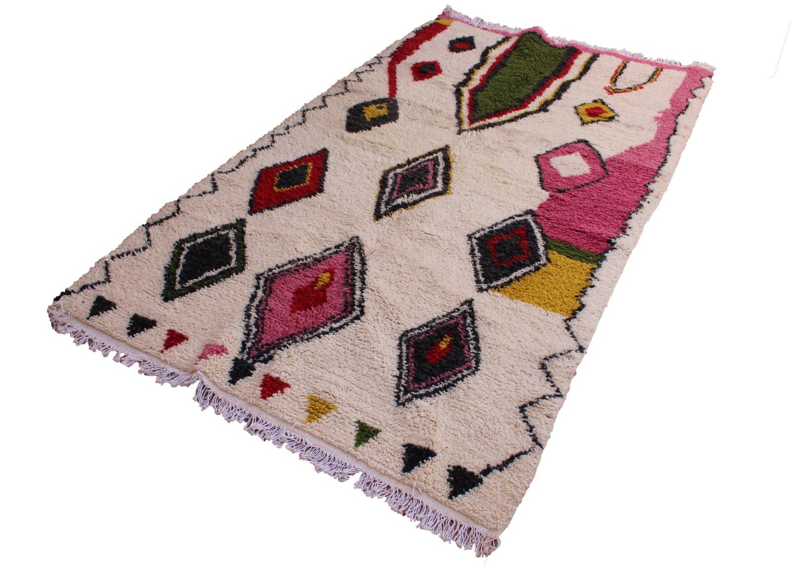 artisan-moroccan-geometric-wool-rug Full-length product image on white background showing complete Moroccan Berber rug with symmetrical geometric and tribal designs.