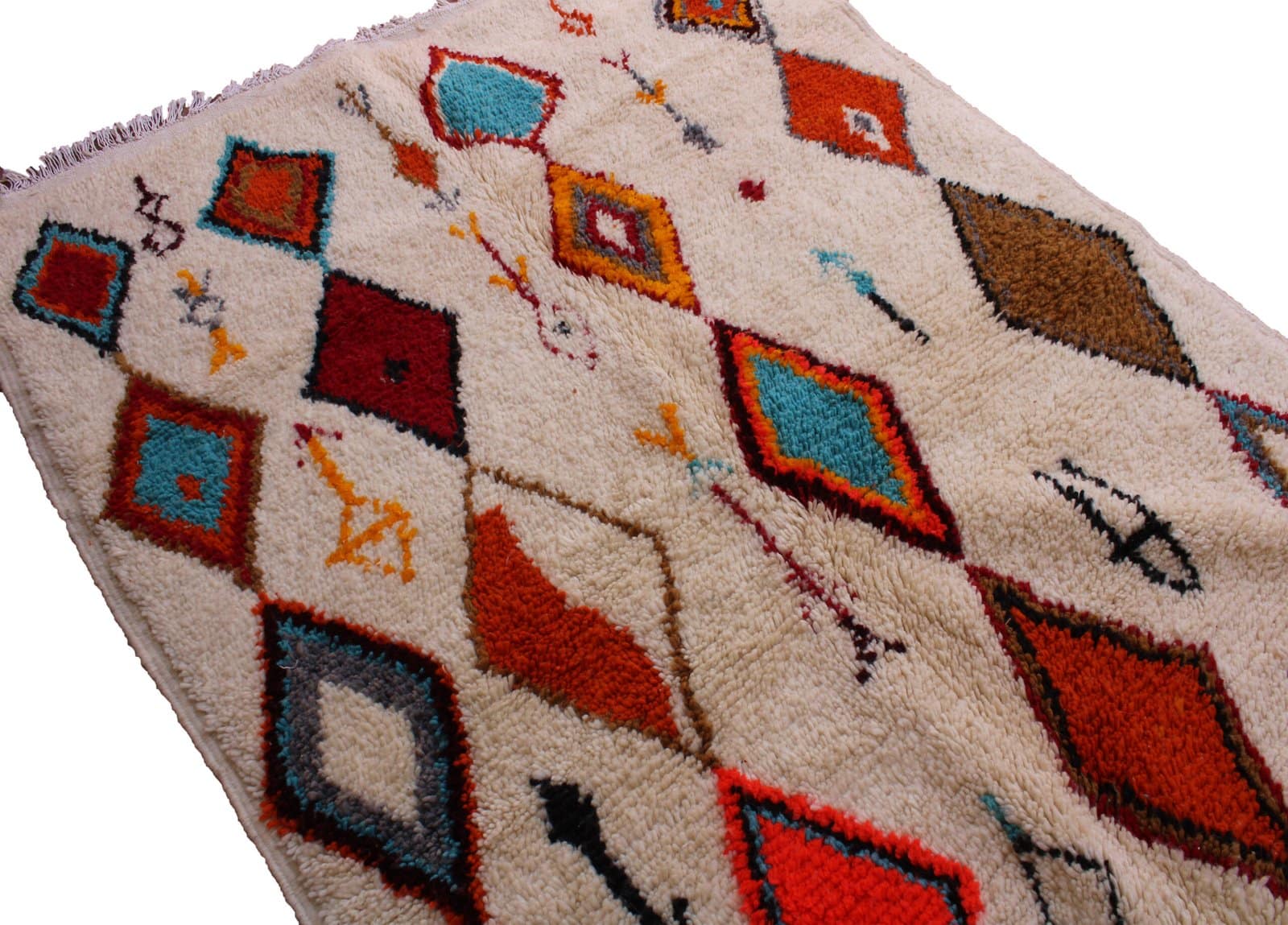 atlas-berber-handwoven-area-rug Bohemian Moroccan carpet with red, blue, orange, and brown shapes.