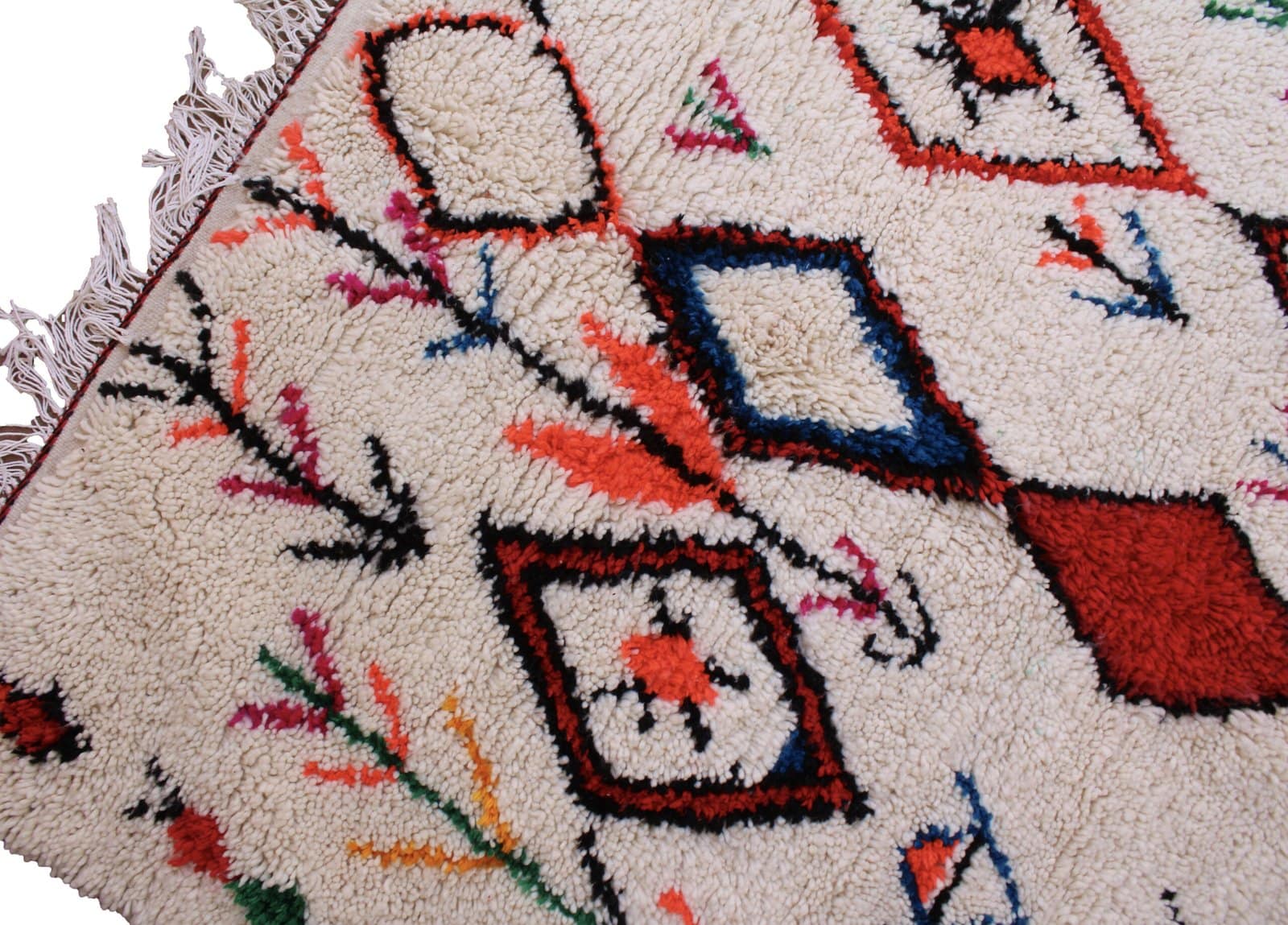 authentic-berber-cream-area-rug Overhead flat lay of cream Moroccan geometric wool rug