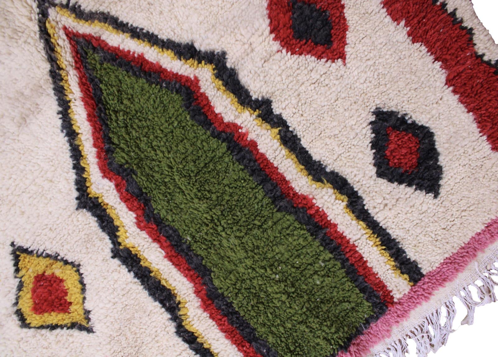 authentic-berber-handwoven-wool-rug Bottom section view showing smaller colorful diamonds and triangular border accents.